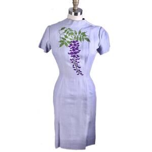 Vintage Jeane Scott Wiggle Dress 1950s Lavender Linen Wisteria Motif Womens S